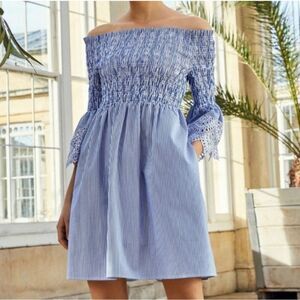 Ted Baker NWT‎ Noaah Smoked Eyelet Off the Shoulder Dress Blue White 4 = 10 US